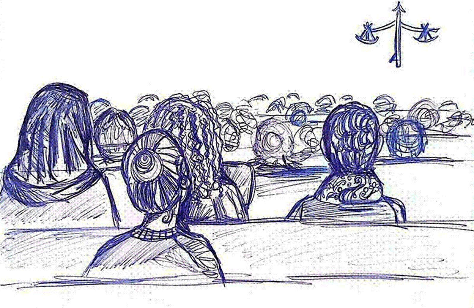 Title: Lafarge trial (Syria/France): drawing of the courtroom (public) seen from behind.